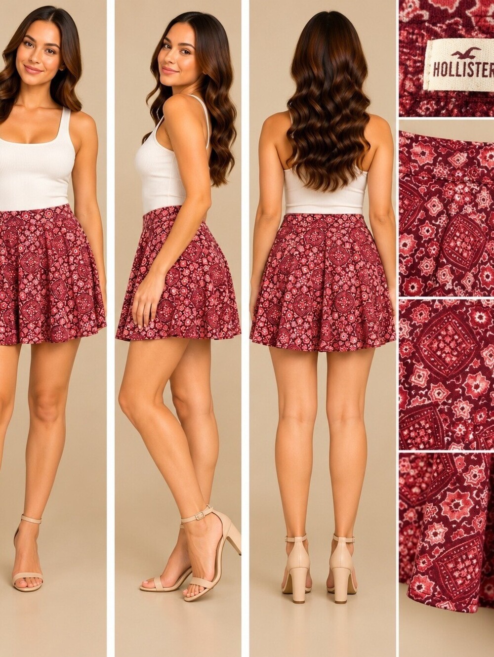 Hollister Red Printed Skater Skirt Large